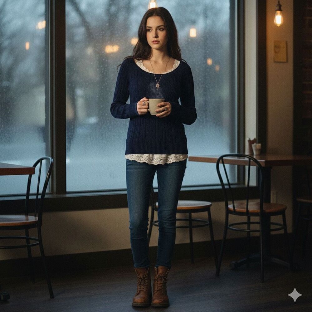 American Eagle Navy Scoop Neck Cable Knit Sweater - Y2K Bella Swan Style Large